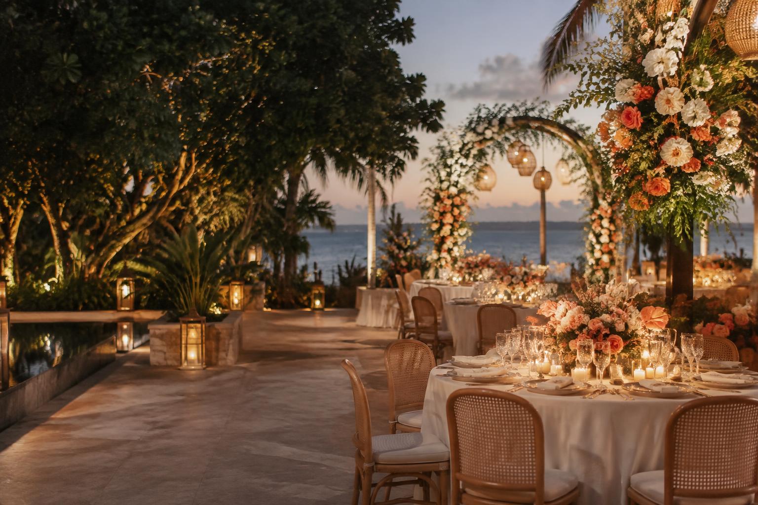 Mesa de evento ornamentada com flores, velas e decoração elegante